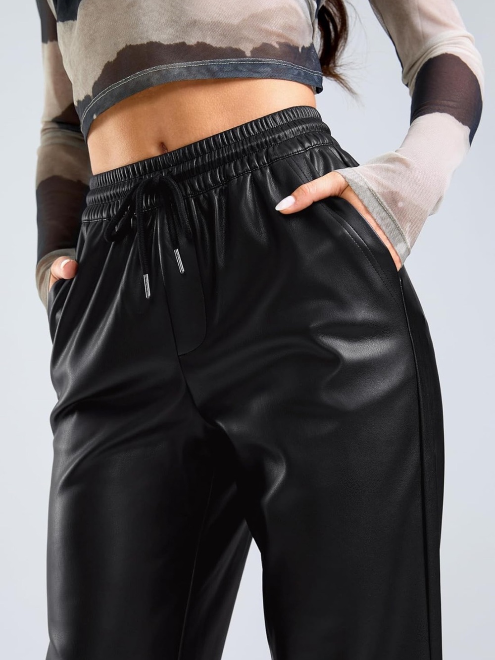 Faux Leather Cropped Ankle Durable Adjustable Drawstring Straight Leg Pants - Picture 4 of 7